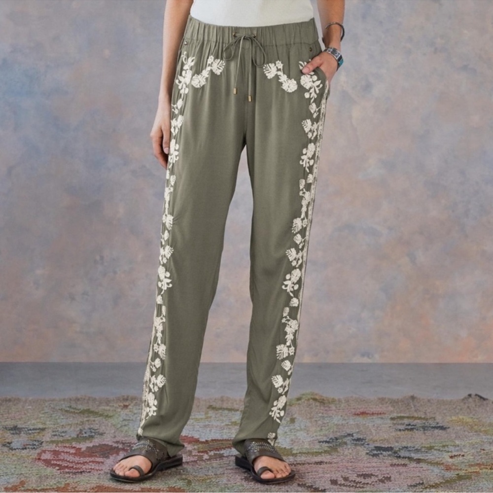 Sundance Tabia Olive Floral Embroidered Drawstring Waist Pants Size Large